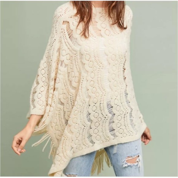 Anthropologie Sleeping on Snow Fringe White Poncho - Picture 4 of 4